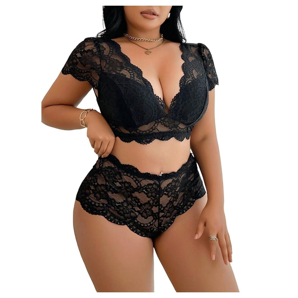 6382 Plus Size 2 Piece Lingerie Set Lace Sheer V Neck Short Sleeve Bra